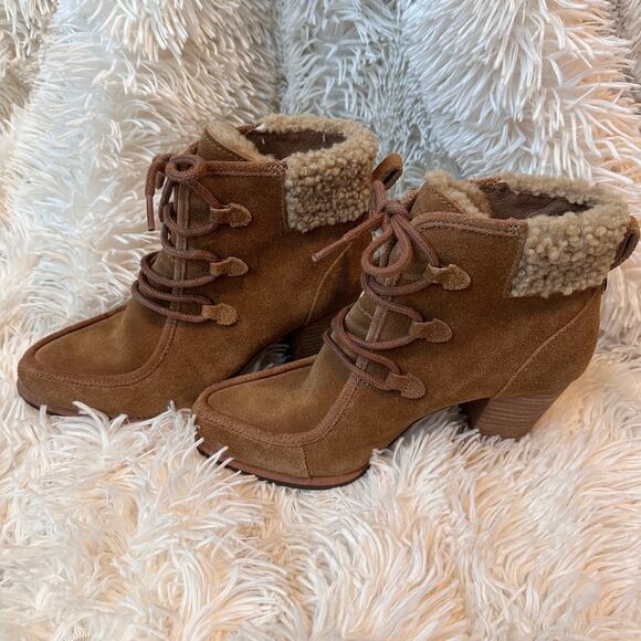 Ugg Annalise Chestnut Lace Up Suede and Sheepskin Heeled Booties Size 6 - Picture 10 of 13
